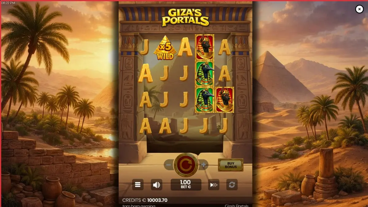 Interface do jogo de slot Giza's Portals com tema egípcio