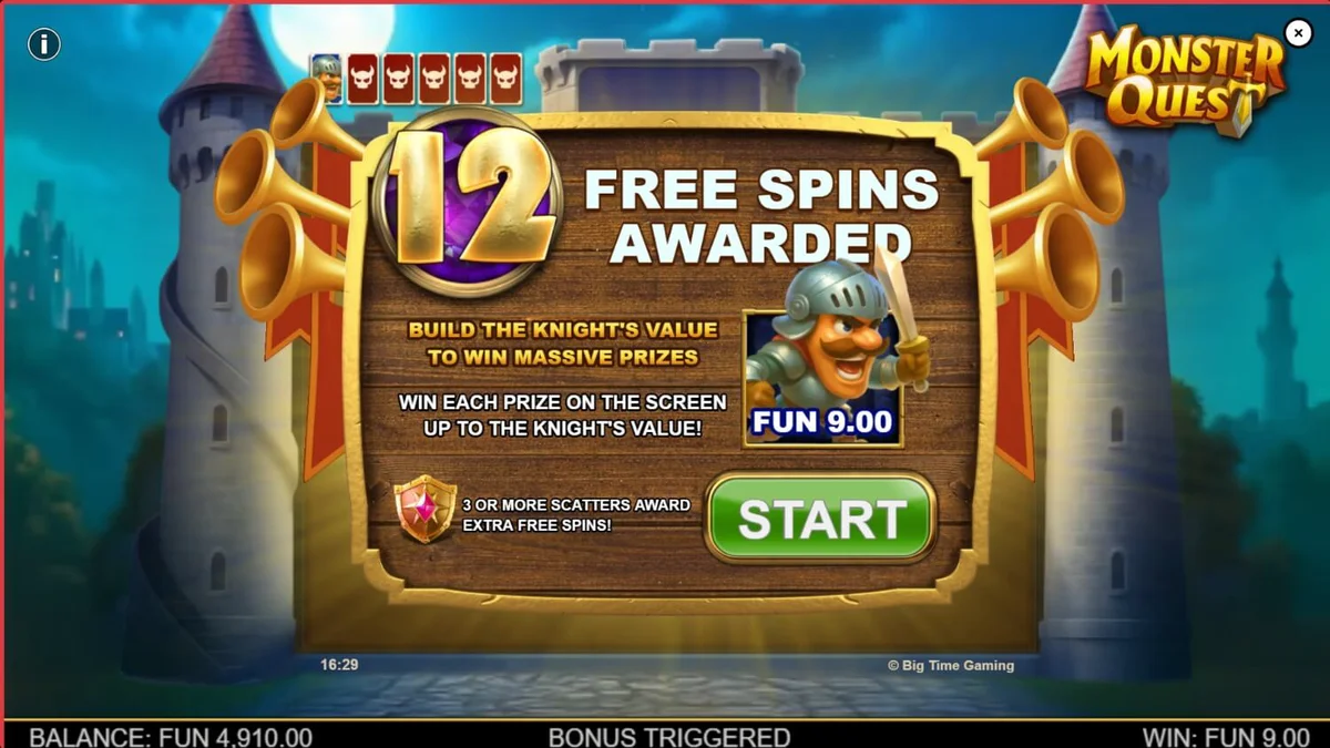Cavaleiro medieval enfrentando monstros em um castelo de fantasia no slot Monster Quest