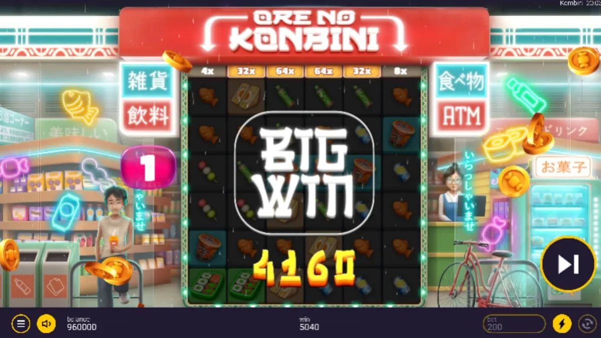 Interface vibrante e neon do jogo de slot Ore No Konbini em um dispositivo móvel